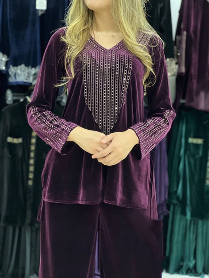 Purple velvet sparkling diamond work palazzo suit