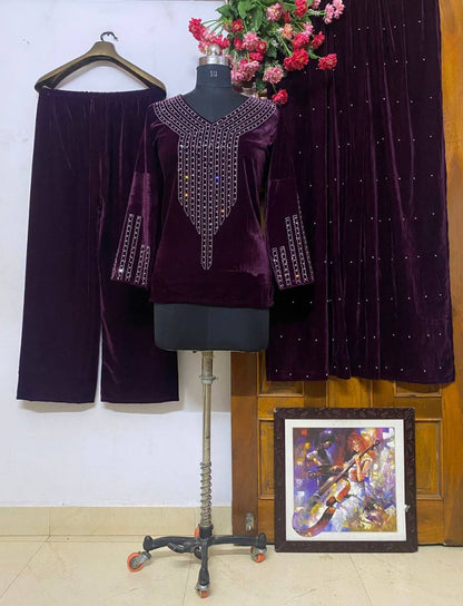 Purple velvet sparkling diamond work palazzo suit