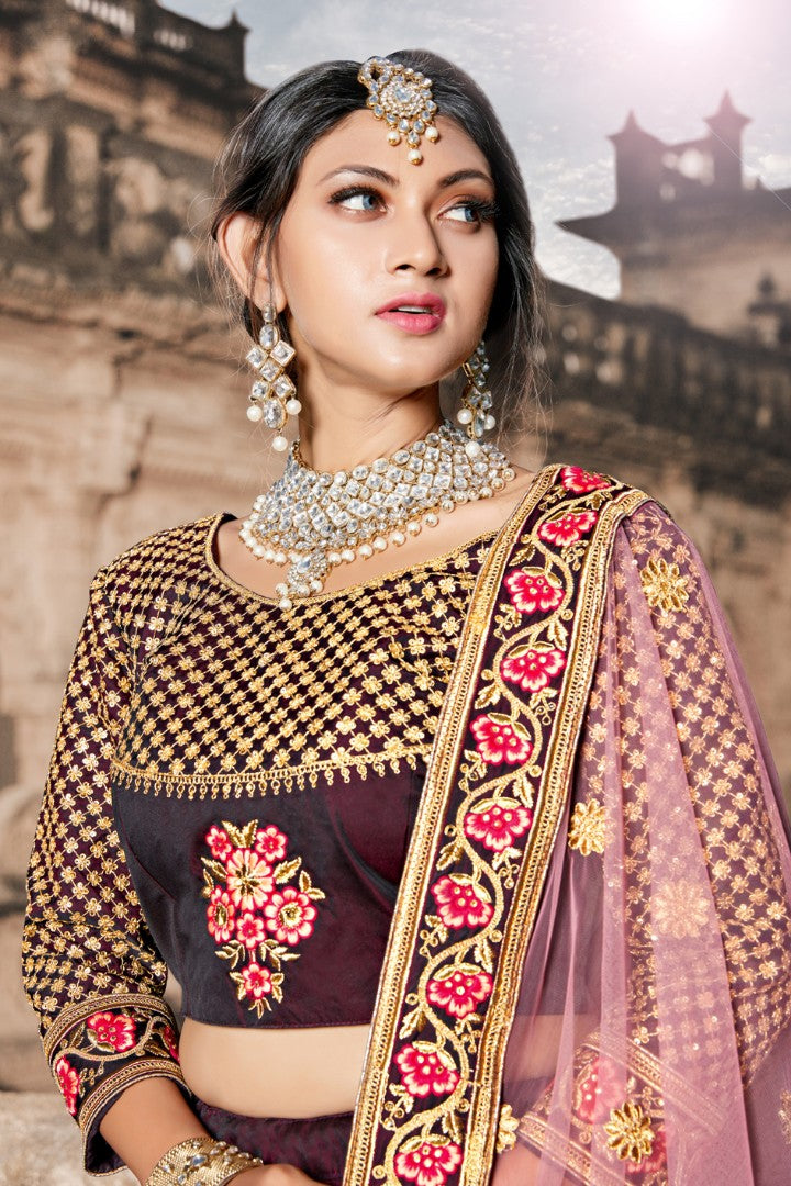 purple wine heavy embroidered designer bridal lehenga