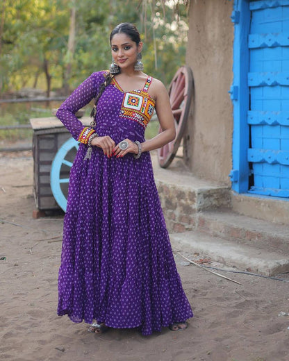 Bandhani print georgette gujarati garba navratri gown Purple