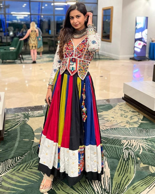 Rainbow cotton print and mirror work gujarati garba navratri lehenga chaniya choli