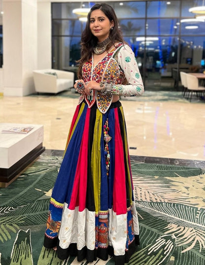 Rainbow cotton print and mirror work gujarati garba navratri lehenga chaniya choli