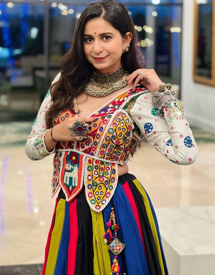 Rainbow cotton print and mirror work gujarati garba navratri lehenga chaniya choli