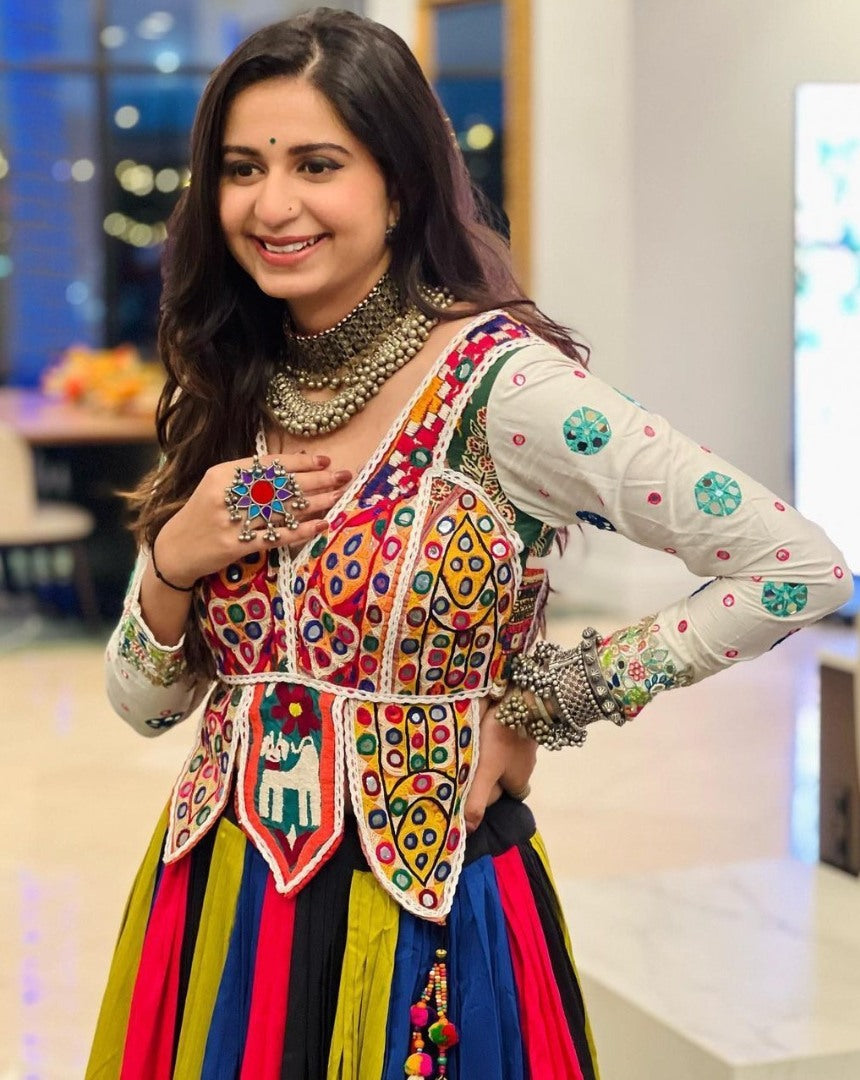 Rainbow cotton print and mirror work gujarati garba navratri lehenga chaniya choli