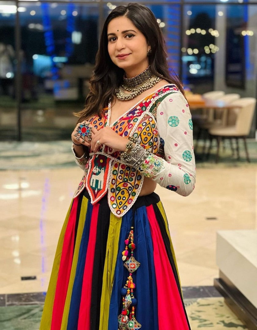 Rainbow cotton print and mirror work gujarati garba navratri lehenga chaniya choli