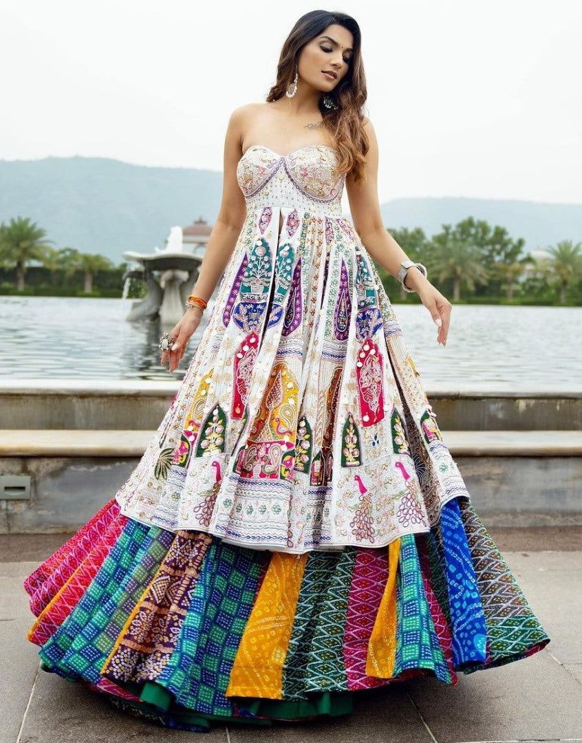 Rainbow cotton print mirror work gujarati garba navratri indowestern chaniya choli