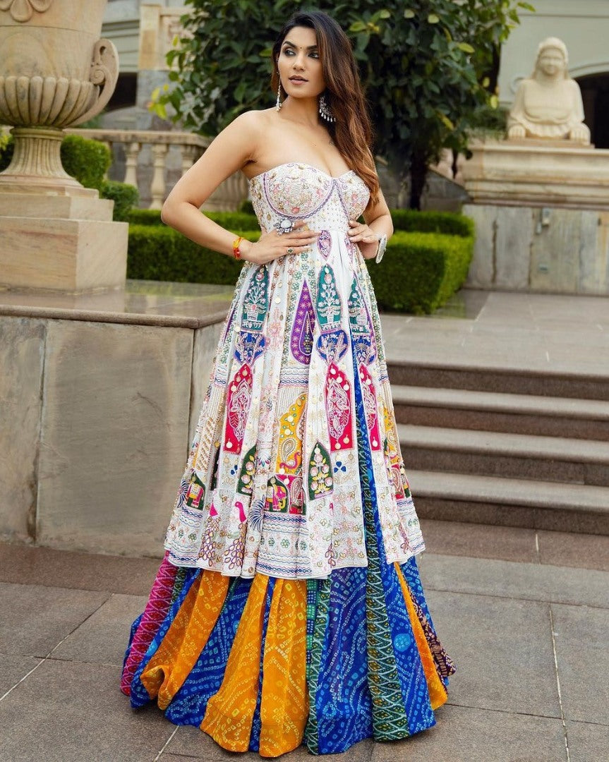 Rainbow cotton print mirror work gujarati garba navratri indowestern chaniya choli