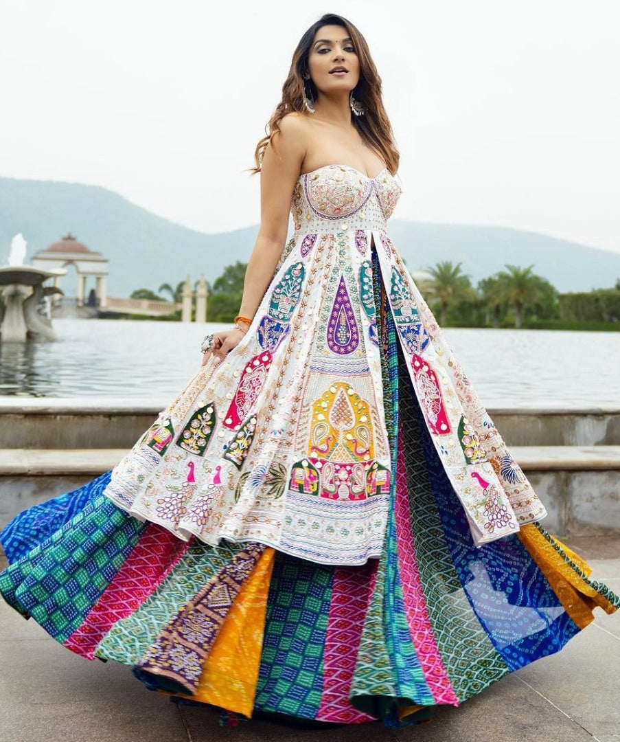 Rainbow cotton print mirror work gujarati garba navratri indowestern chaniya choli