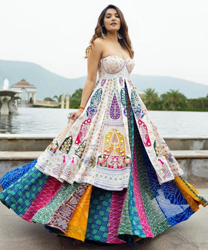 Rainbow cotton print mirror work gujarati garba navratri indowestern chaniya choli