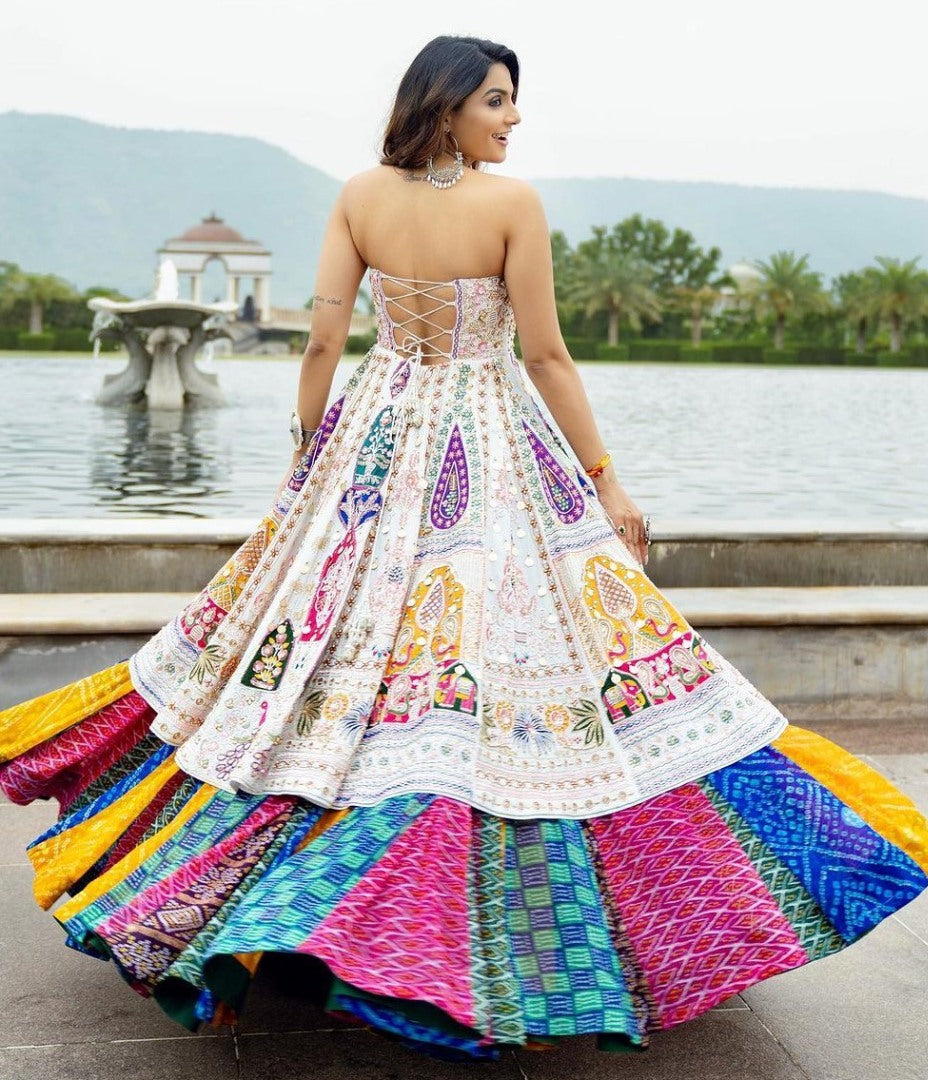 Rainbow cotton print mirror work gujarati garba navratri indowestern chaniya choli