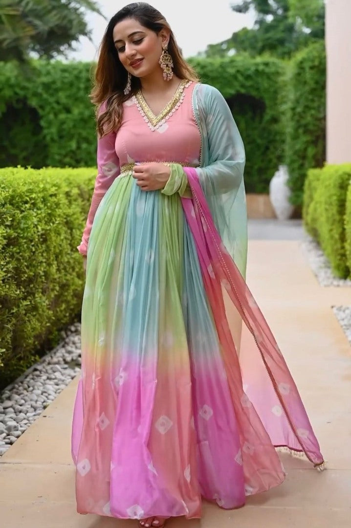 Rainbow georgette printed festive long anarkali suit