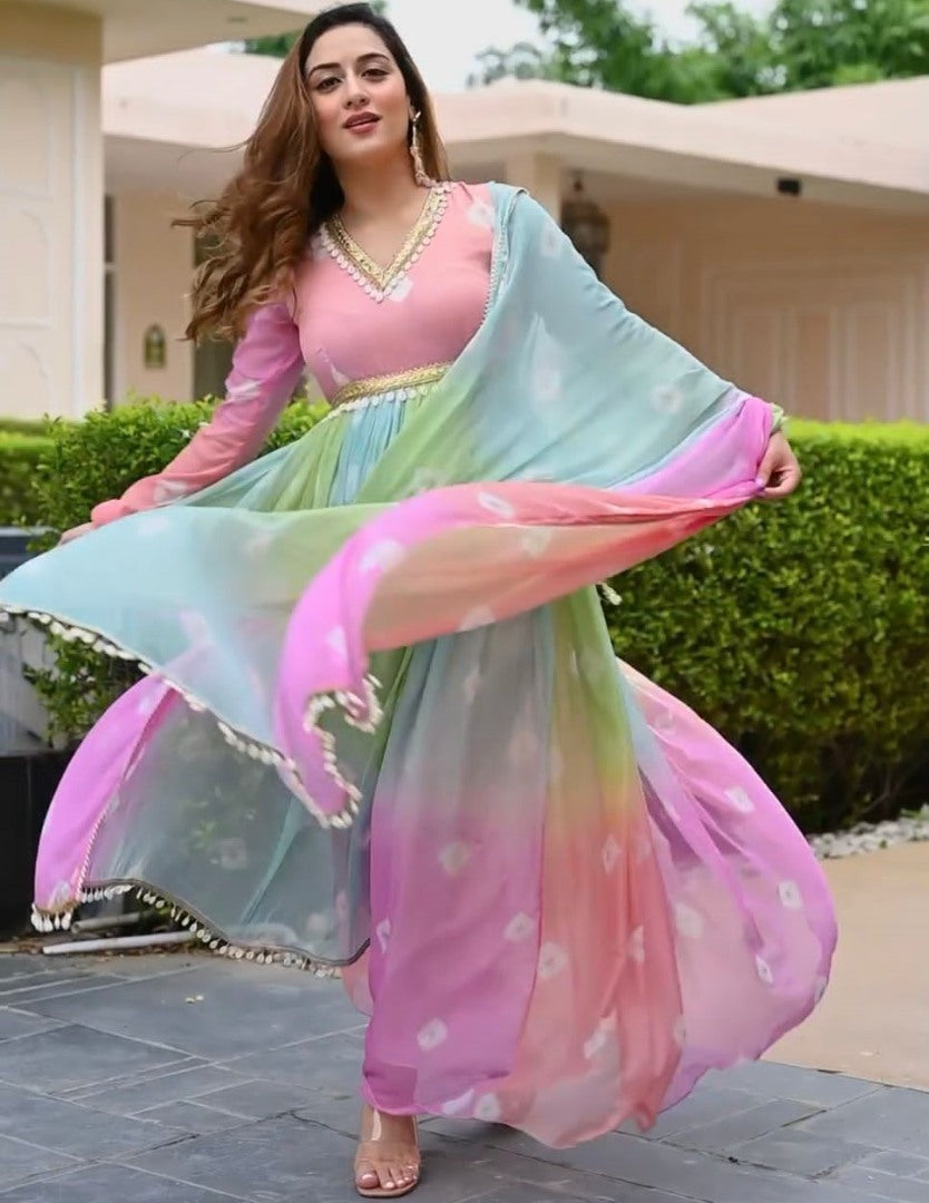 Rainbow georgette printed festive long anarkali suit