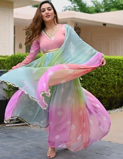 Rainbow georgette printed festive long anarkali suit