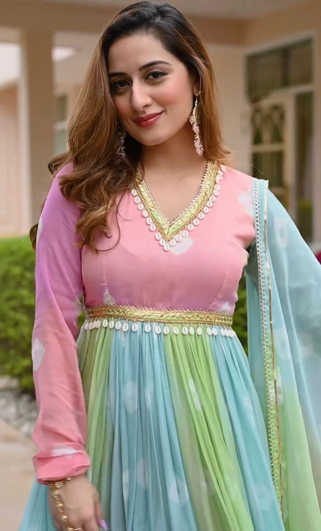 Rainbow georgette printed festive long anarkali suit