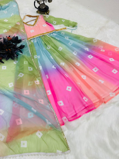 Rainbow georgette printed festive long anarkali suit