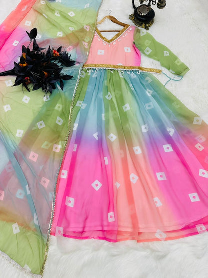 Rainbow georgette printed festive long anarkali suit