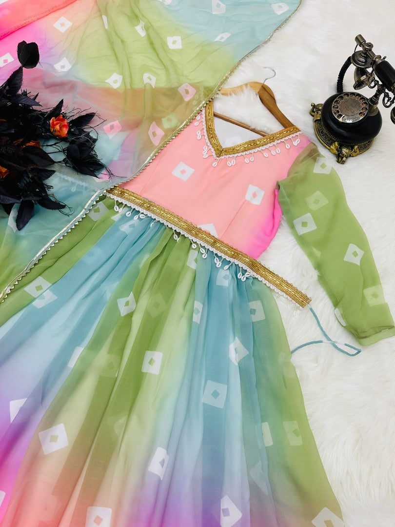 Rainbow georgette printed festive long anarkali suit