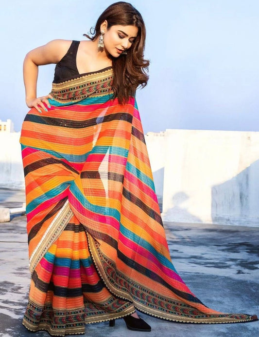 Rainbow multicolor color thread sequence embroidery work designer saree
