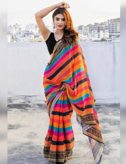 Rainbow multicolor color thread sequence embroidery work designer saree