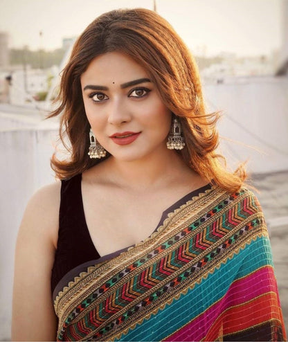 Rainbow multicolor color thread sequence embroidery work designer saree