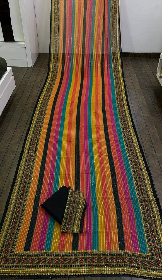 Rainbow multicolor color thread sequence embroidery work designer saree