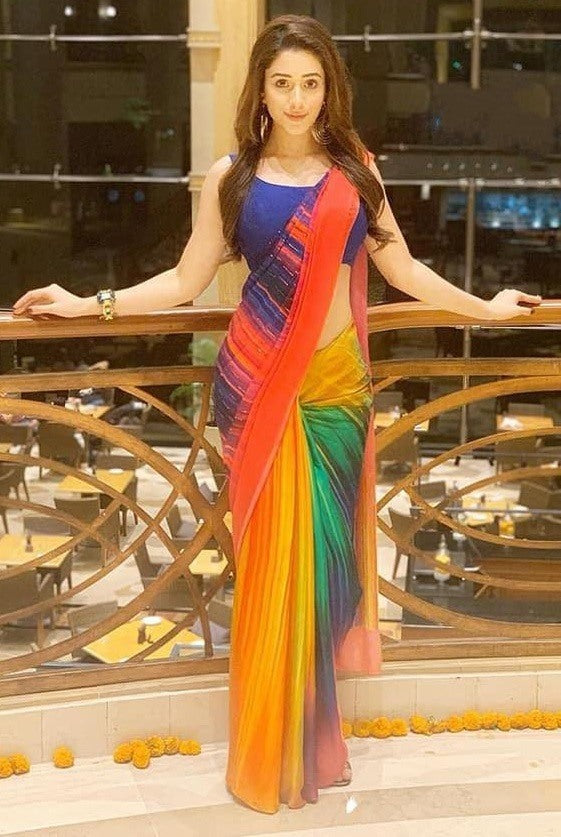 Rainbow multicolor printed fancy saree