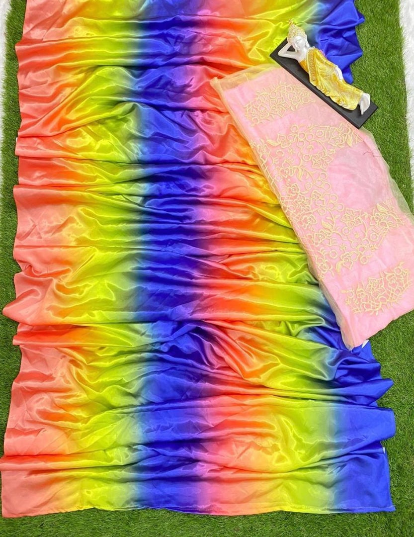 Rainbow multicolor printed ultra satin fancy saree