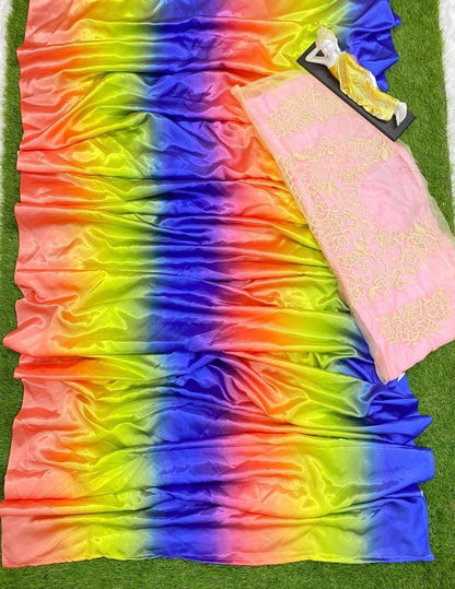 Rainbow multicolor printed ultra satin fancy saree