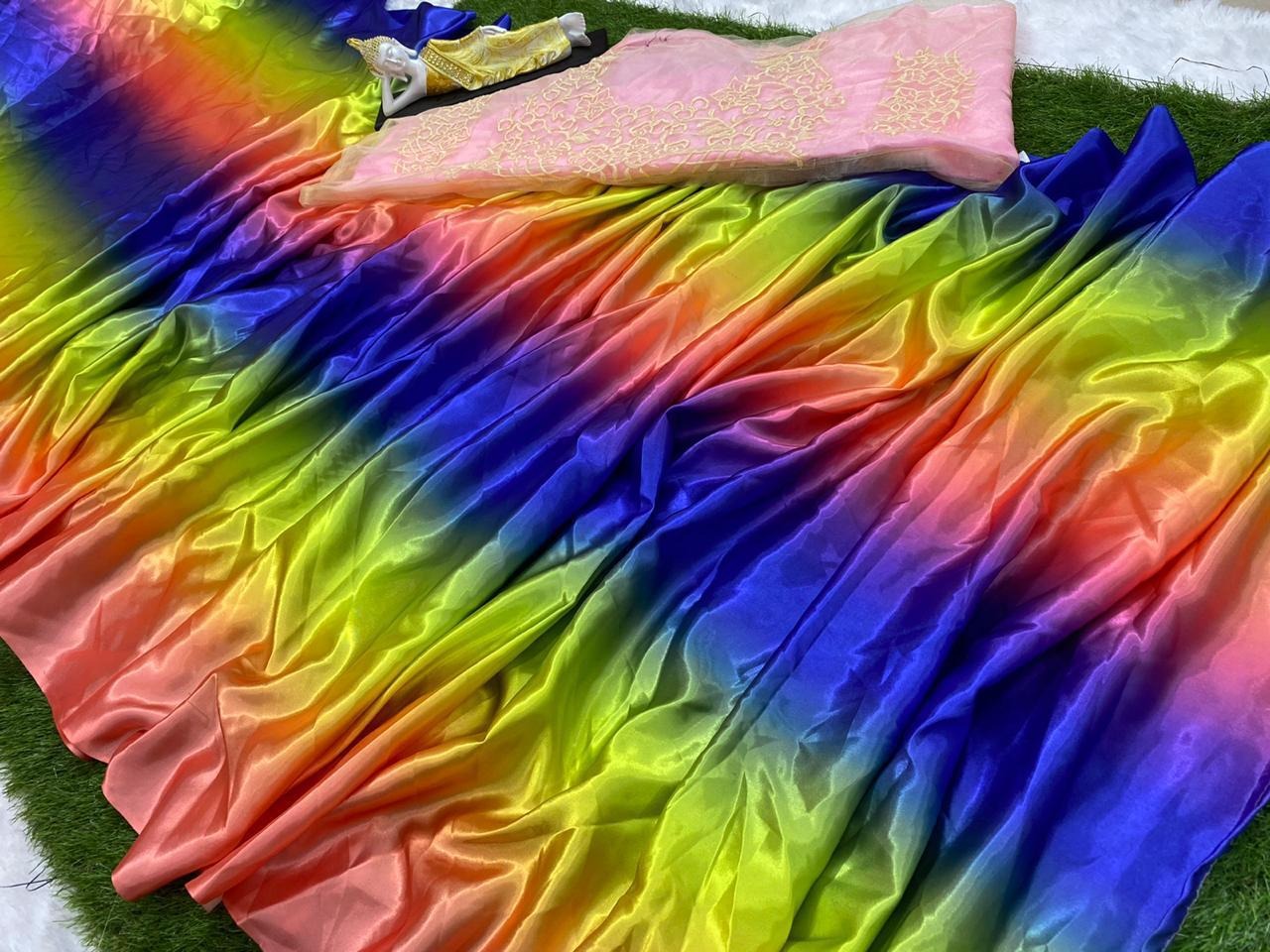 Rainbow multicolor printed ultra satin fancy saree