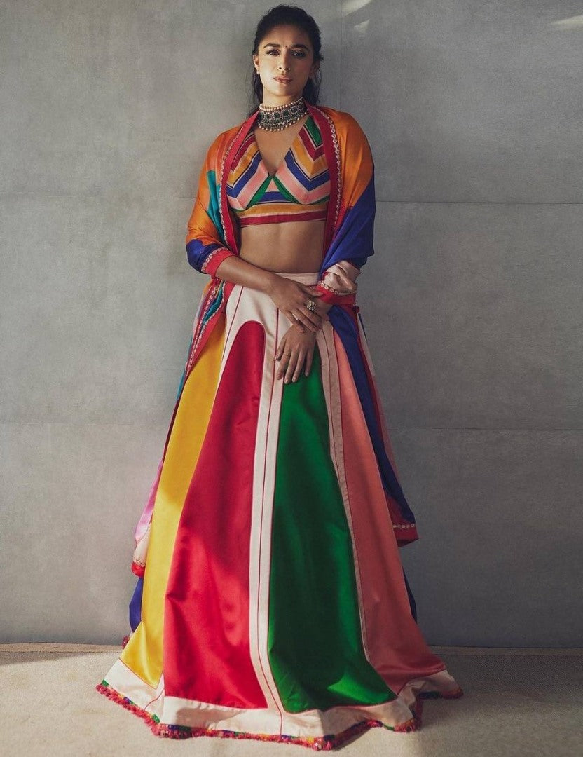 Rainbow printed taffeta silk umbrella flair lehenga choli