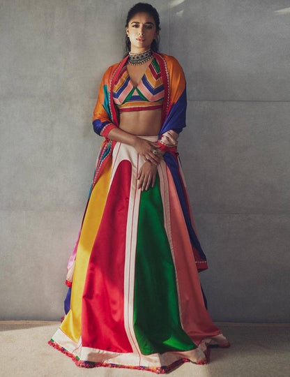 Rainbow printed taffeta silk umbrella flair lehenga choli
