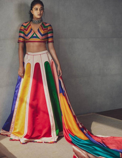 Rainbow printed taffeta silk umbrella flair lehenga choli