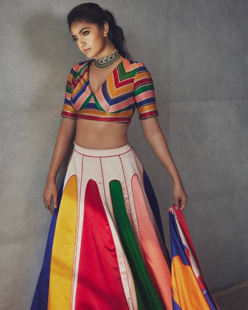 Rainbow printed taffeta silk umbrella flair lehenga choli