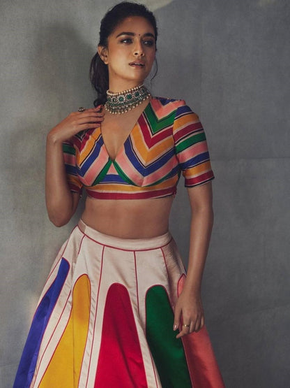 Rainbow printed taffeta silk umbrella flair lehenga choli