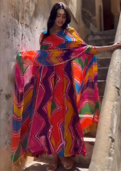 Rainbow printed tibby silk anarkali suit