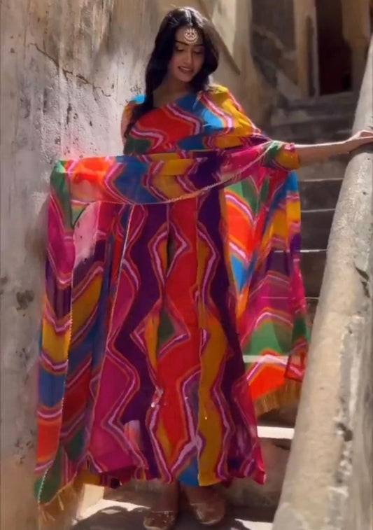 Rainbow printed tibby silk anarkali suit
