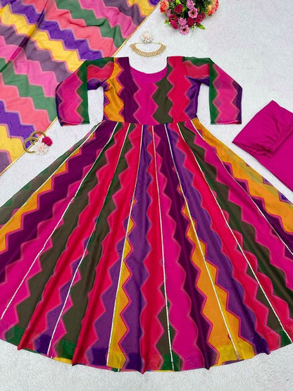 Rainbow printed tibby silk anarkali suit