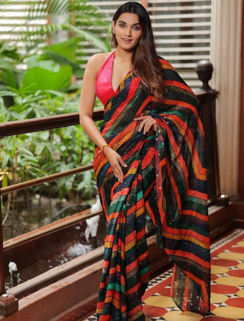 Rainbow strips printed designer party wear saree