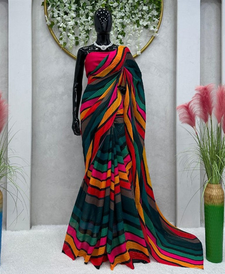 Rainbow strips printed designer party wear saree
