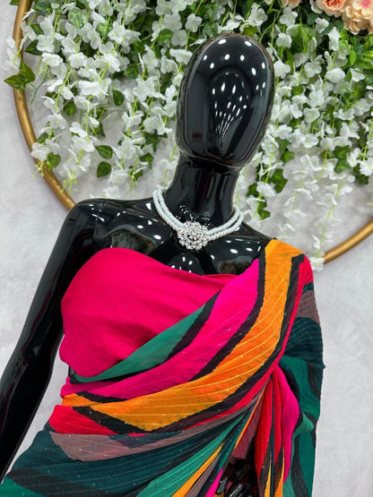 Rainbow strips printed designer party wear saree