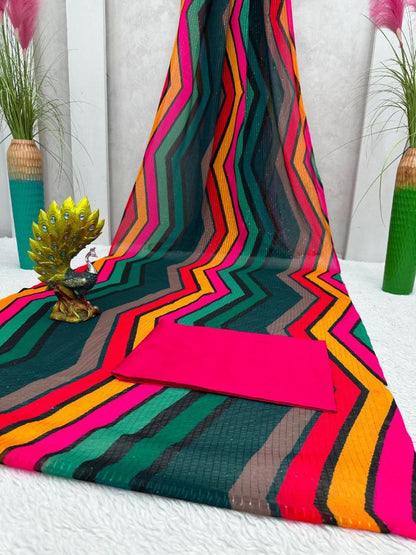 Rainbow strips printed designer party wear saree