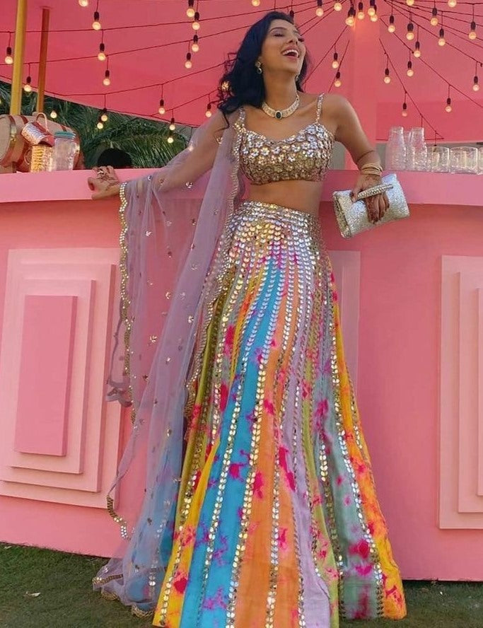 Rainbow tapeta silk paper zari work heavy lehenga choli for ceremony