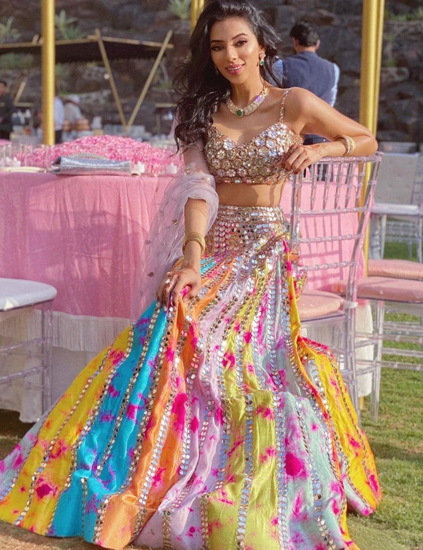 Rainbow tapeta silk paper zari work heavy lehenga choli for ceremony
