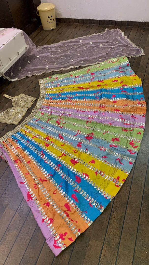 Rainbow tapeta silk paper zari work heavy lehenga choli for ceremony