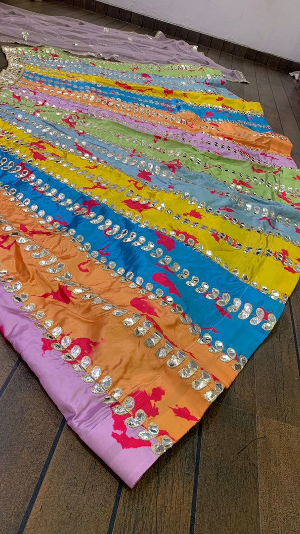 Rainbow tapeta silk paper zari work heavy lehenga choli for ceremony