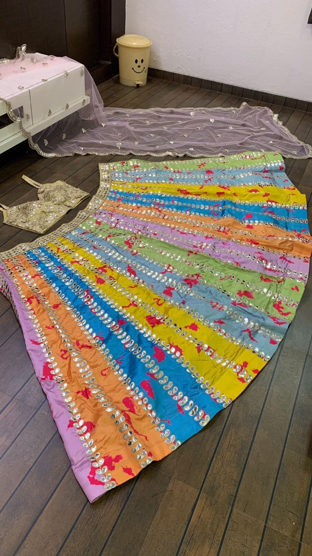 Rainbow tapeta silk paper zari work heavy lehenga choli for ceremony