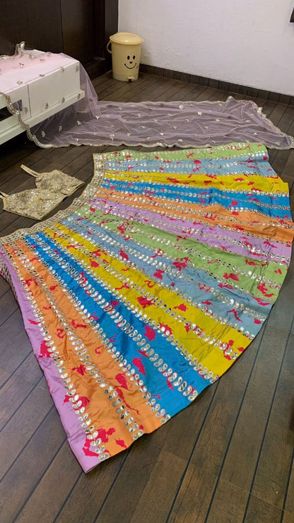 Rainbow tapeta silk paper zari work heavy lehenga choli for ceremony