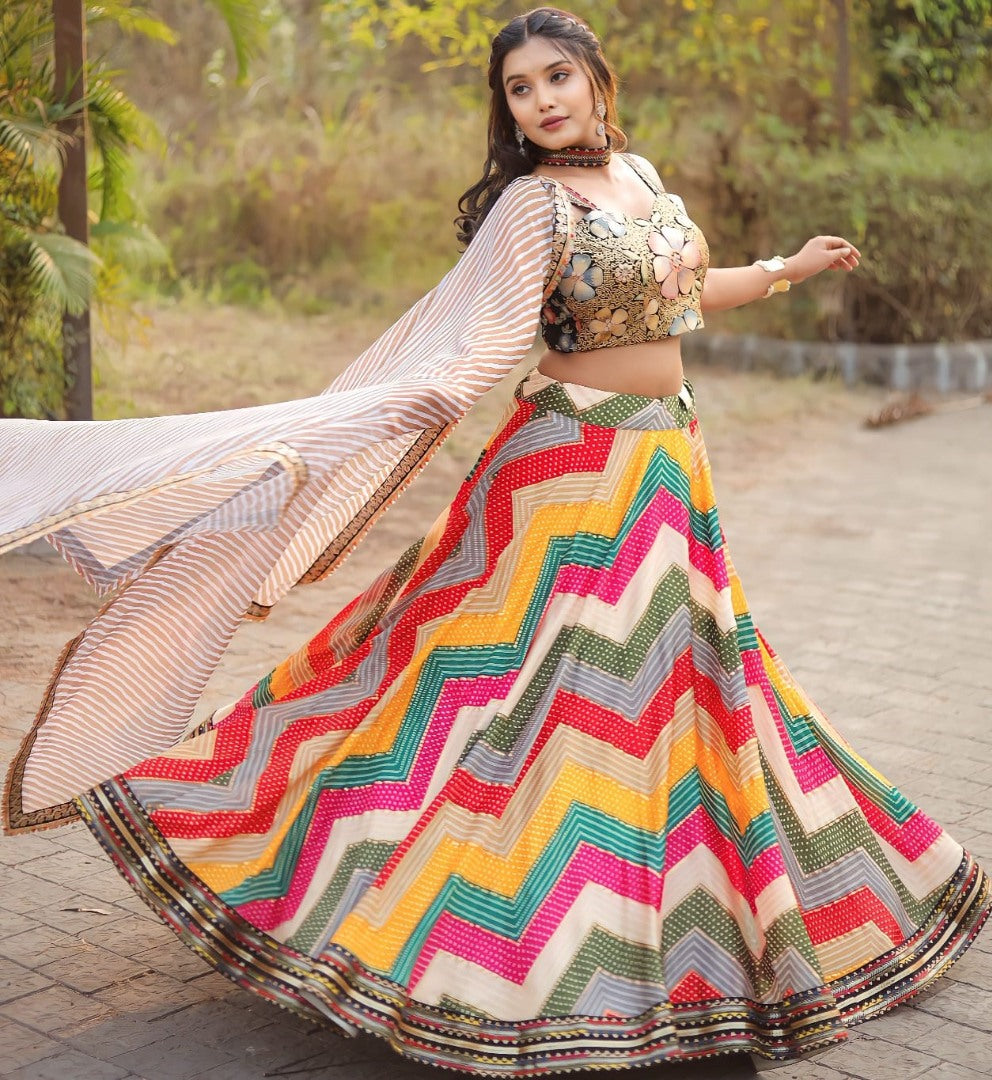 Rainbow zig zag print heavy sequence work designer lehenga choli for ceremony