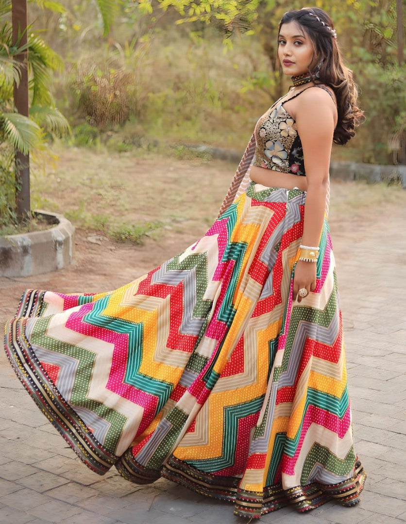 Rainbow zig zag print heavy sequence work designer lehenga choli for ceremony