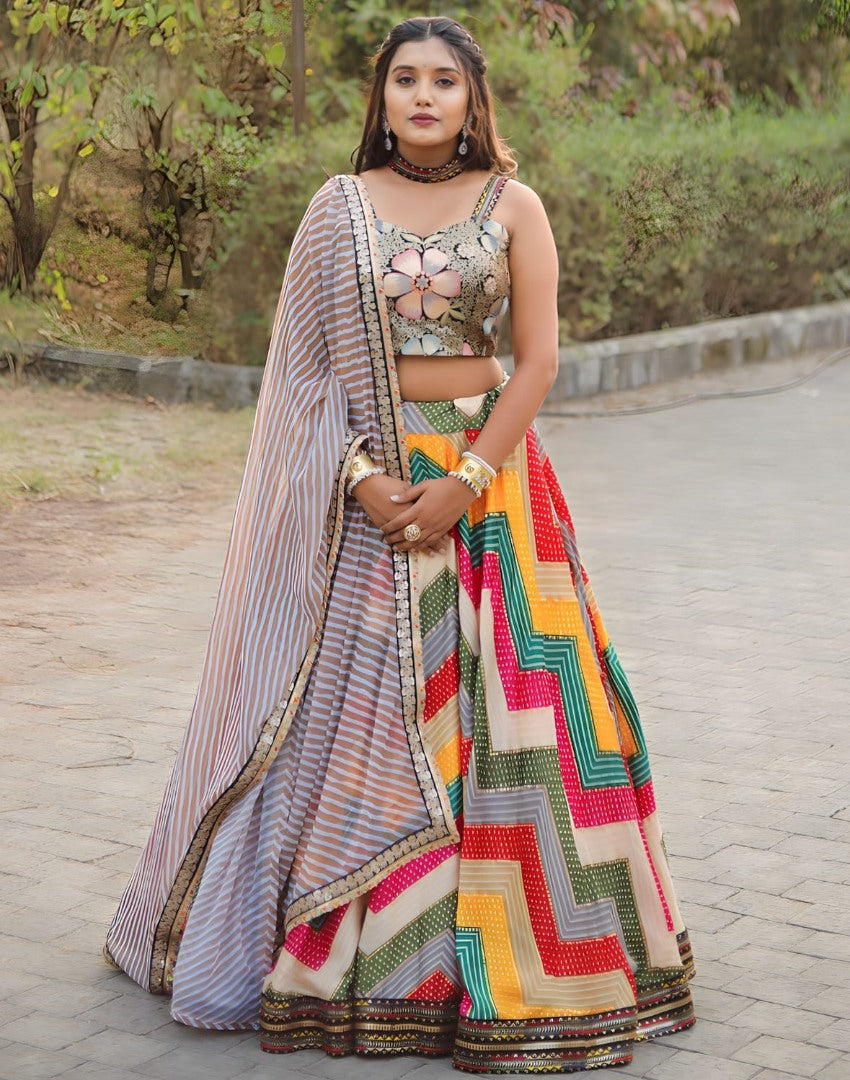 Rainbow zig zag print heavy sequence work designer lehenga choli for ceremony